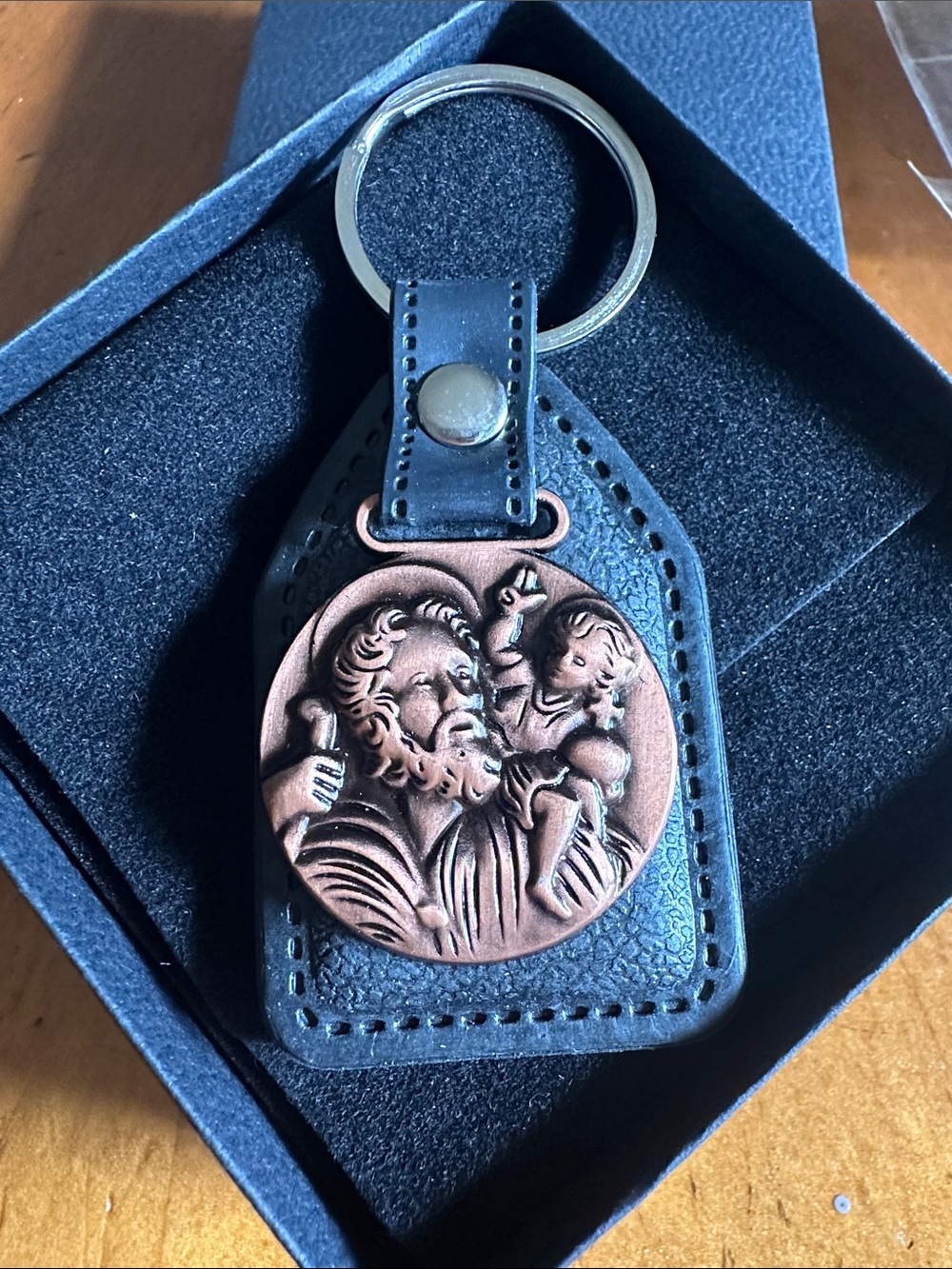 Hand Crafted Black Leather Keychain with Copper Saint Medallion